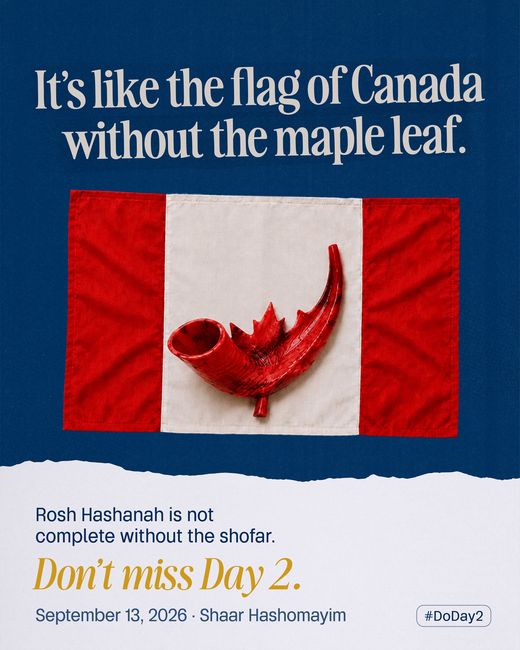 The Canadian flag with a red shofar in place of the maple leaf, the horn curving up out of the leaf’s stem.