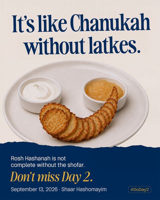 Latkes fanned across a pale plate into the curve of a shofar, with a bowl of sour cream and a bowl of applesauce set behind them.