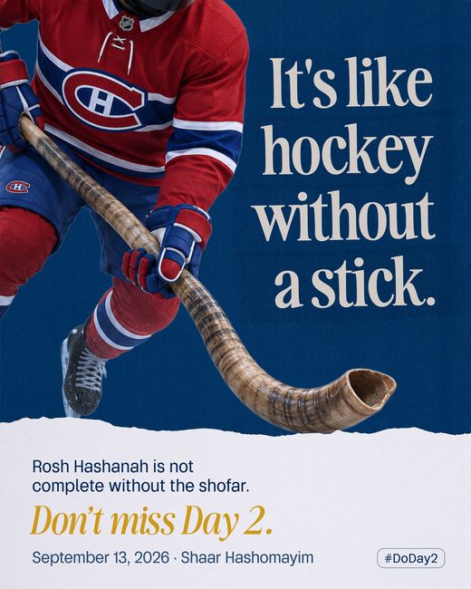 A Canadiens player in the red jersey mid-stride, holding a shofar where the hockey stick should be.