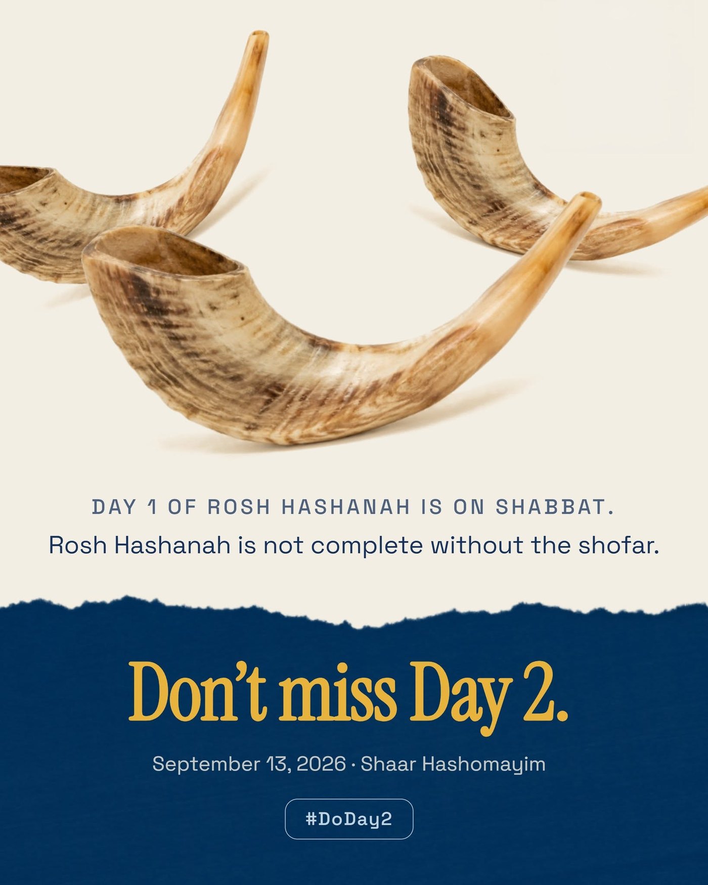 The opening post: three ram&rsquo;s horns on a cream ground above the words Day 1 of Rosh Hashanah is on Shabbat, Rosh Hashanah is not complete without the shofar, and Don&rsquo;t miss Day 2.