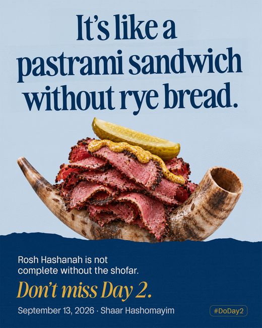 Hand-cut pastrami, mustard and a pickle spear piled into a split shofar in place of rye bread.