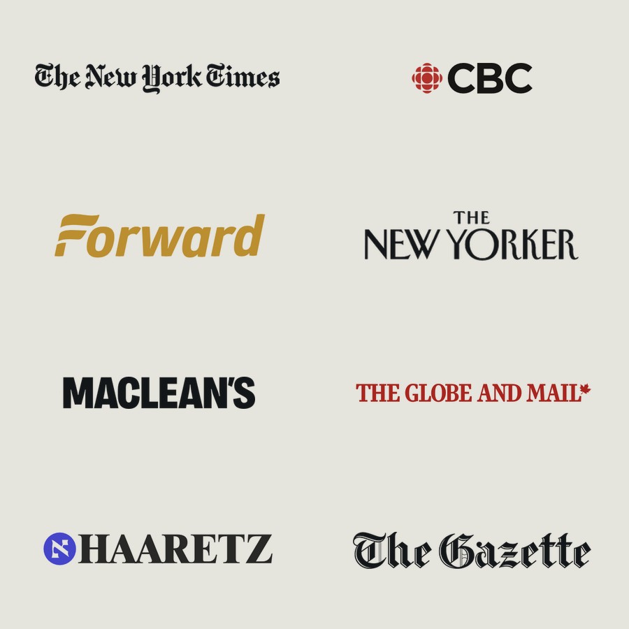 Mastheads of The New York Times, CBC, the Forward, The New Yorker, Maclean&rsquo;s, The Globe and Mail, Haaretz and the Montreal Gazette.
