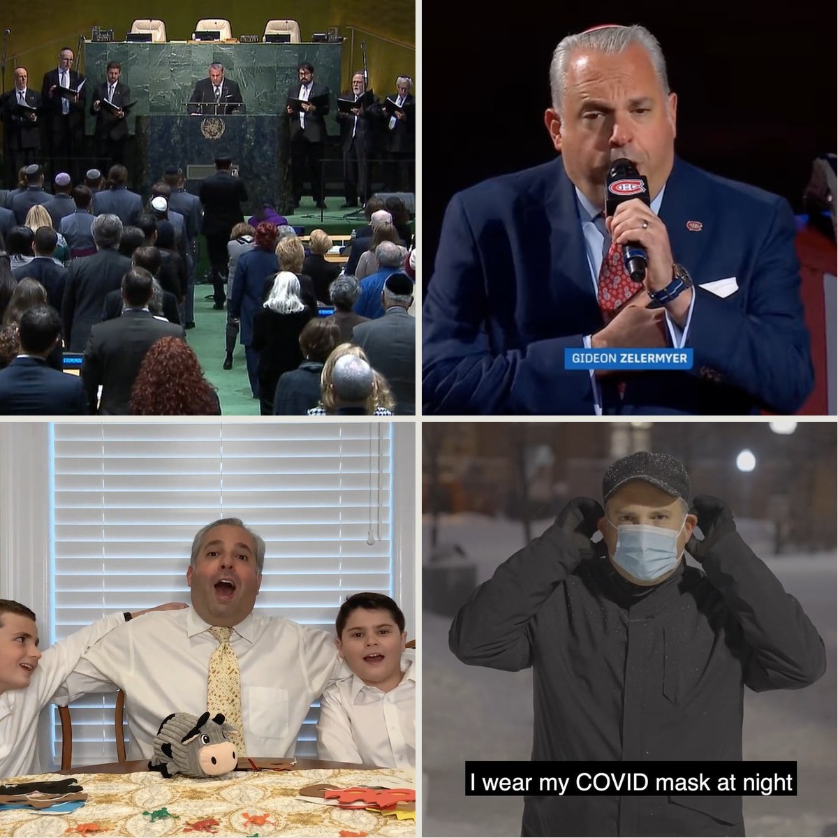 Four panels: the choir at the United Nations, the anthems at the Bell Centre, the Pesach medley at the seder table, and COVID Mask at Night on a snowbanked street.