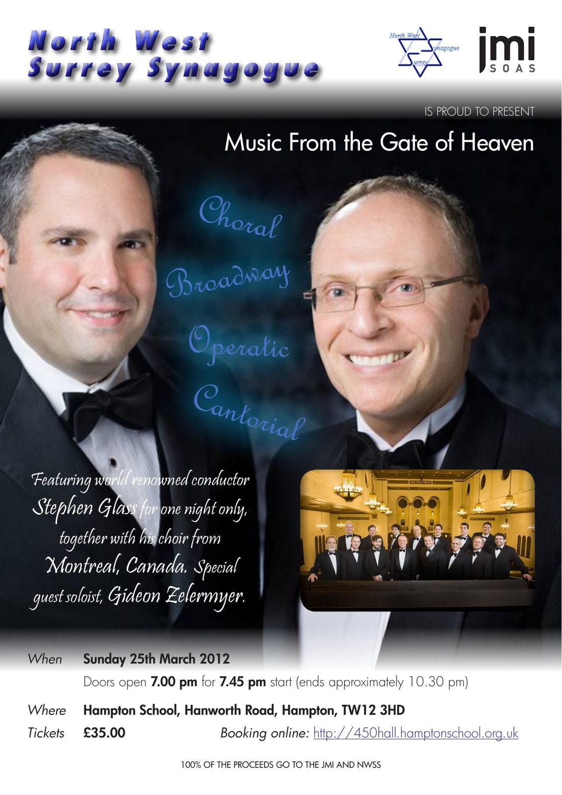 Poster for Music From the Gate of Heaven, presented by North West Surrey Synagogue, Sunday 25 March 2012 at Hampton School, with photographs of Gideon Zelermyer and Stephen Glass in black tie and the Shaar Hashomayim choir.