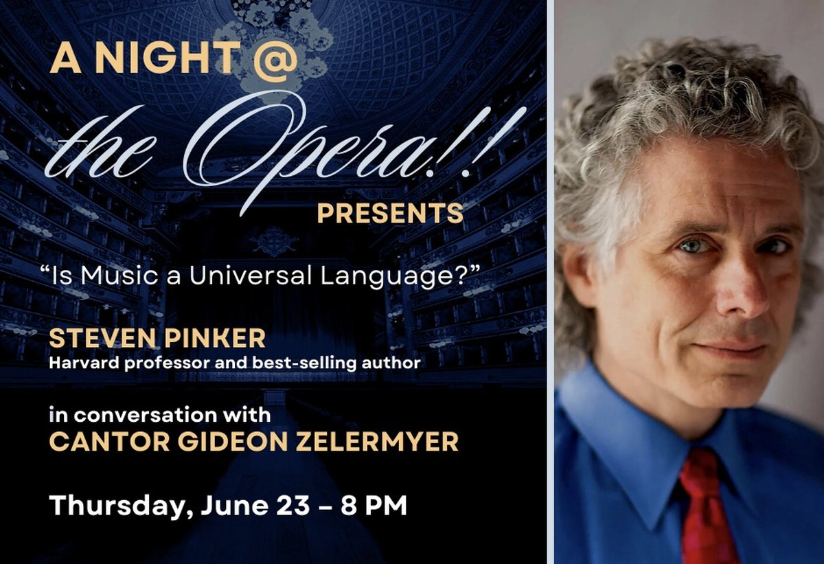 Poster for Is Music a Universal Language?, with a photograph of Steven Pinker beside an empty opera house auditorium.