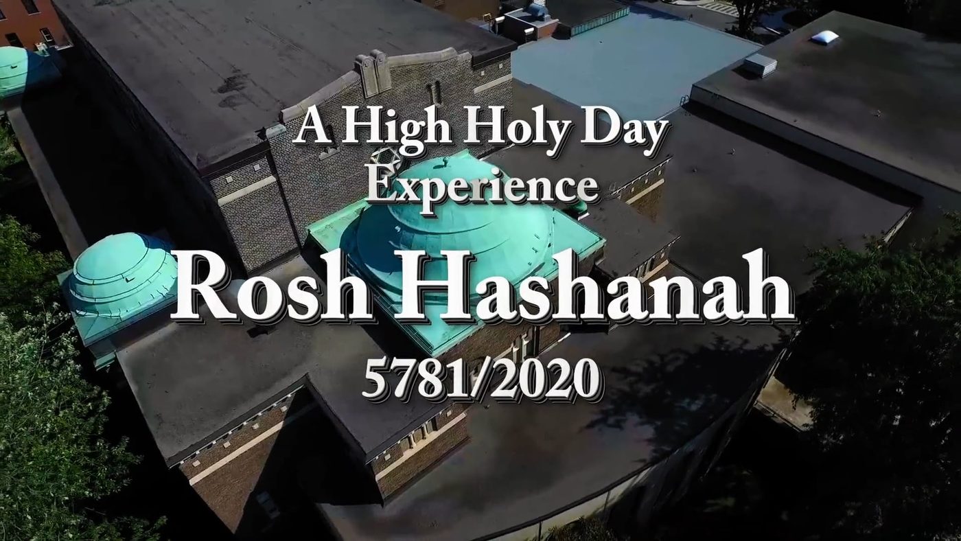 Title card over an aerial view of the Shaar Hashomayim roofs and green copper domes: A High Holy Day Experience, Rosh Hashanah, 5781/2020.