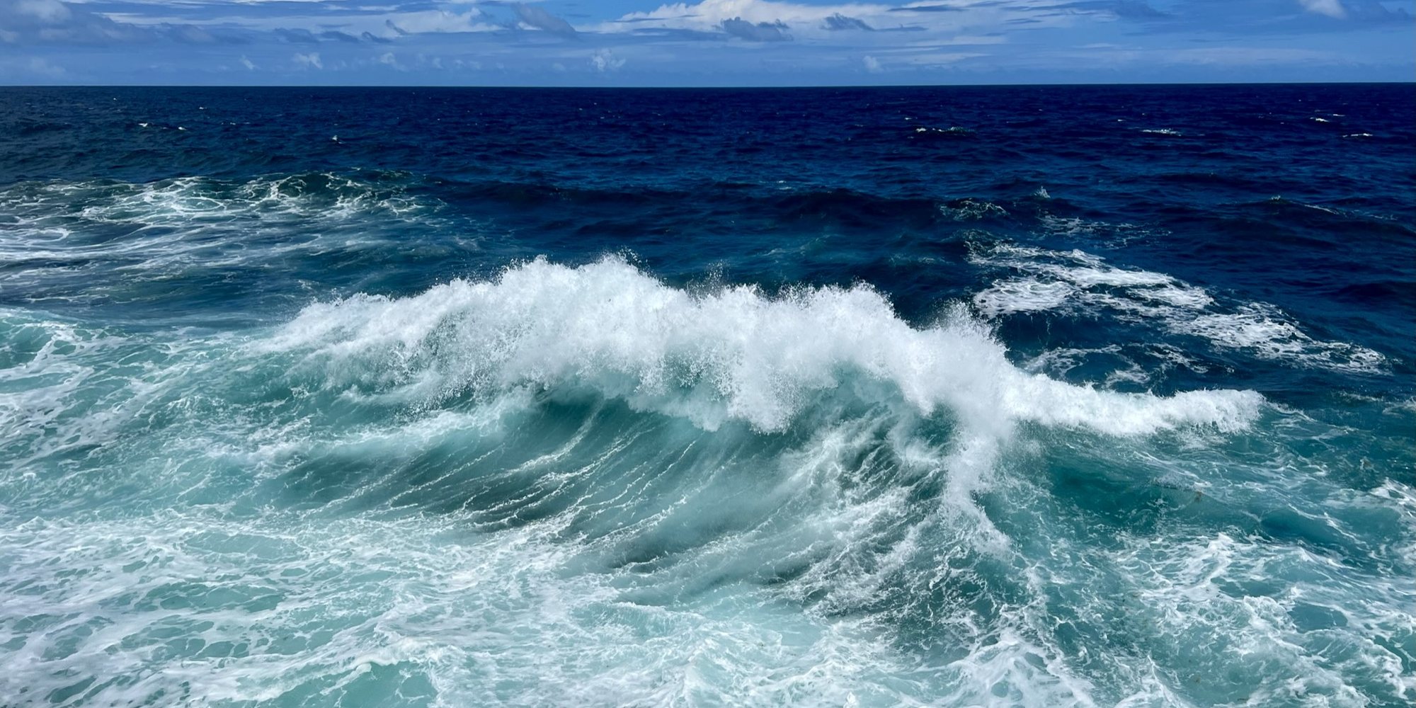 A wave breaking in deep blue water off Curaçao, white foam filling the foreground, the horizon and a line of cloud beyond.