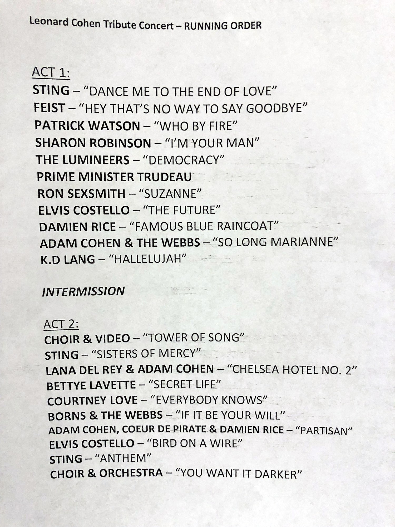 The printed running order for the Leonard Cohen Tribute Concert, listing Act 1 from Sting singing Dance Me to the End of Love through k.d. lang singing Hallelujah, and Act 2 ending with Choir & Orchestra on You Want It Darker.