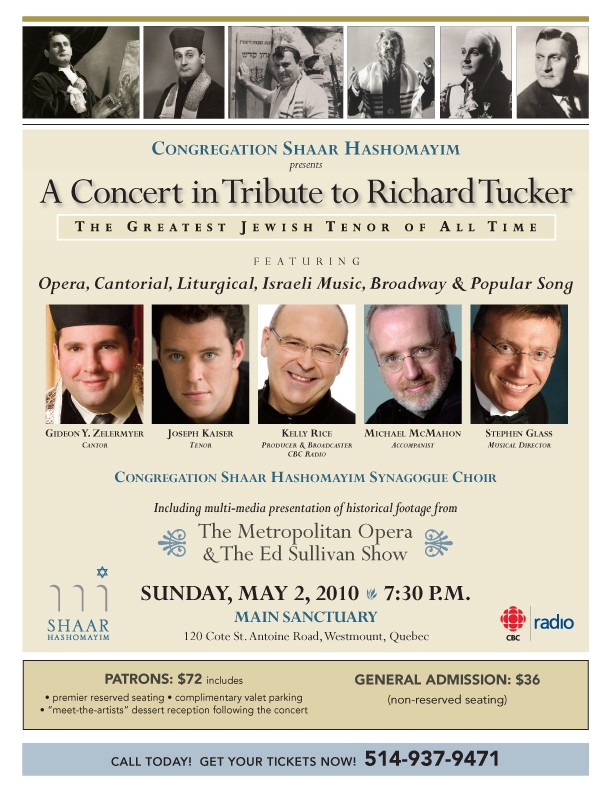 Poster for A Concert in Tribute to Richard Tucker at Congregation Shaar Hashomayim, Sunday 2 May 2010 at 7.30 p.m. in the main sanctuary, with portraits of Gideon Y. Zelermyer, Joseph Kaiser, Kelly Rice, Michael McMahon and Stephen Glass, and a strip of archival photographs of Tucker along the top.