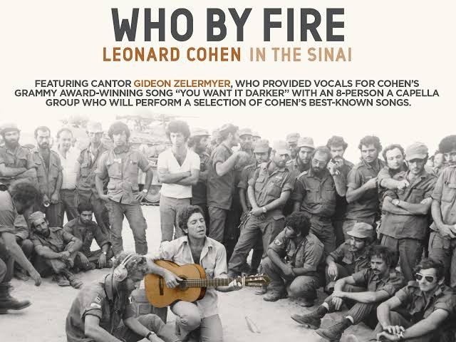Promotional card for Who by Fire: Leonard Cohen in the Sinai, over the 1973 photograph of Cohen playing guitar to Israeli soldiers in the desert.