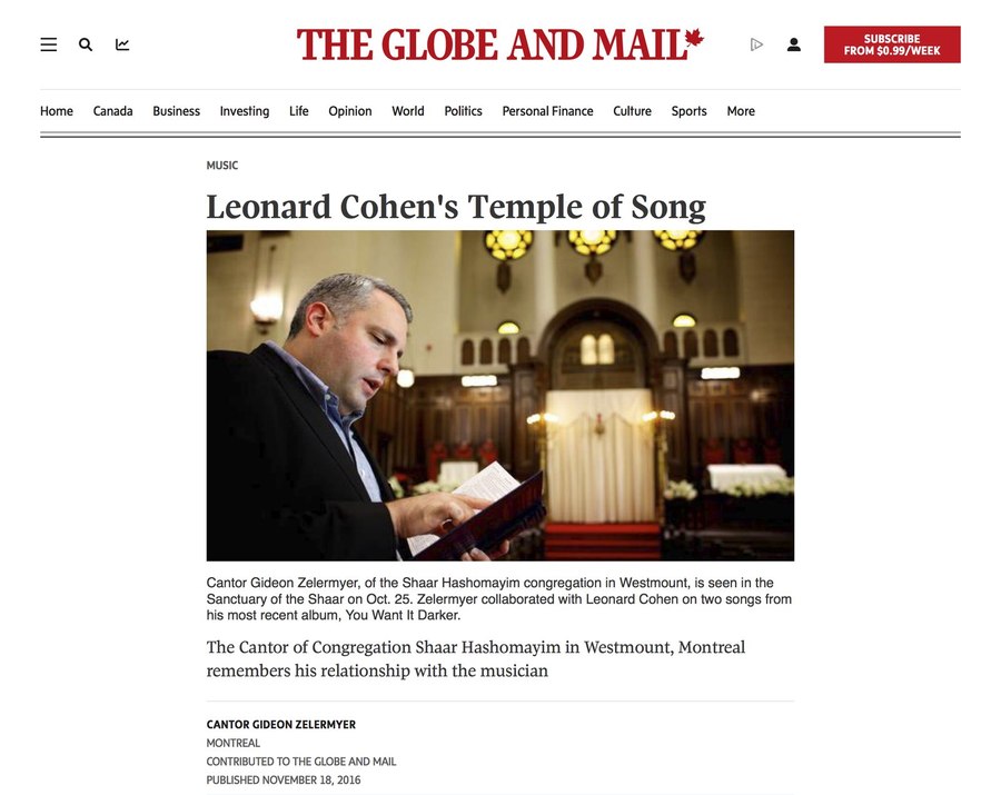 The top of the Globe and Mail article as published: the masthead, the headline Leonard Cohen&rsquo;s Temple of Song, and a photograph of the cantor reading from a book in the sanctuary.
