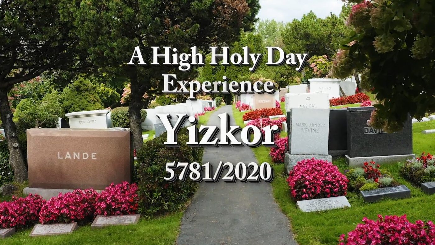 Title card over a path through the Shaar Hashomayim cemetery, headstones and flowering shrubs on either side: A High Holy Day Experience, Yizkor, 5781/2020.